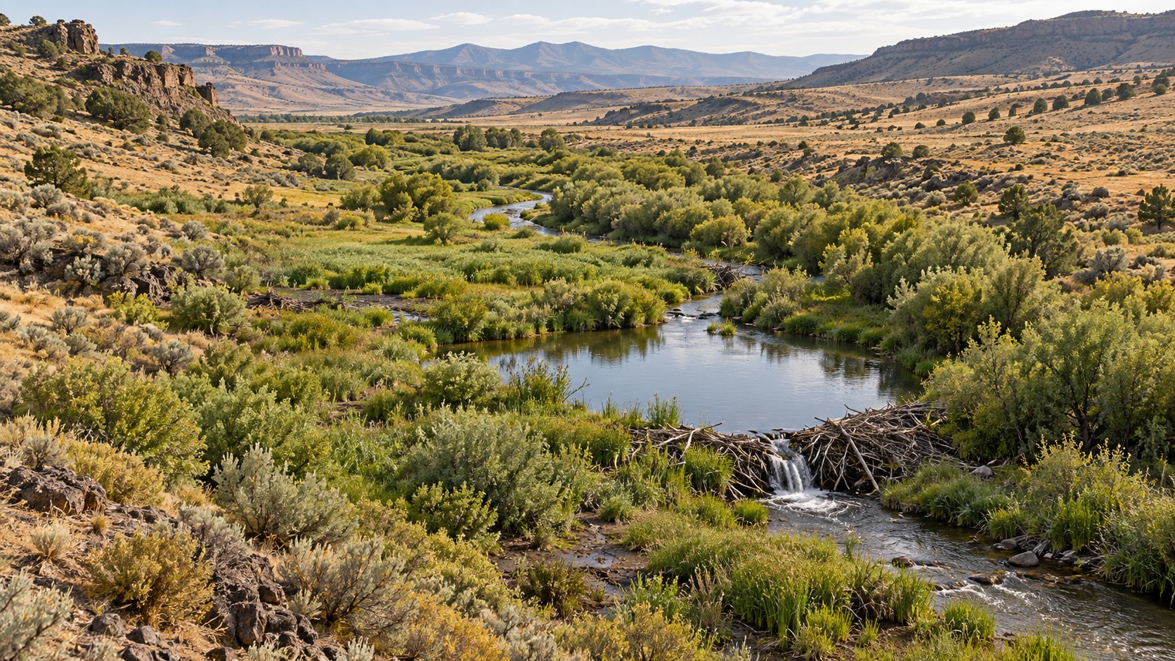 Illustration of a beaver dam retaining water amid a green riparian corridor in a dry western valley.